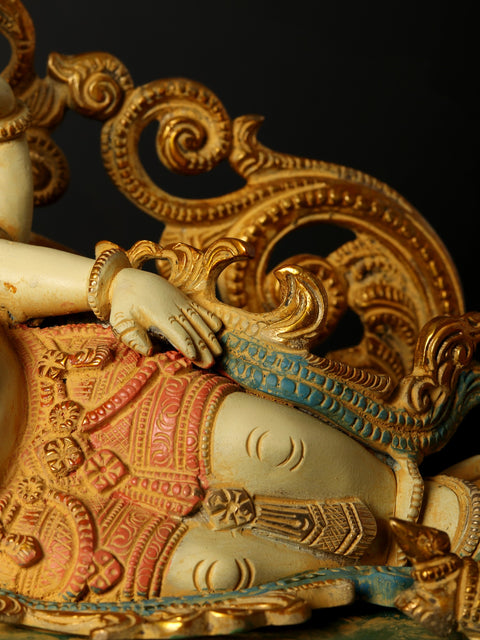14" Reclining Ganesha Brass Sculpture | Indian Handcrafted Idol