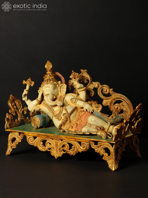 14" Reclining Ganesha Brass Sculpture | Indian Handcrafted Idol