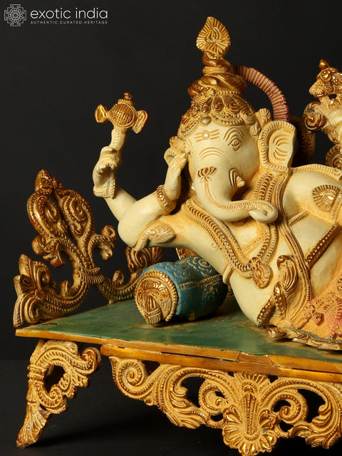 14" Reclining Ganesha Brass Sculpture | Indian Handcrafted Idol