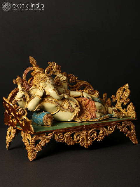 14" Reclining Ganesha Brass Sculpture | Indian Handcrafted Idol