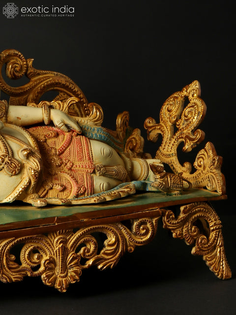 14" Reclining Ganesha Brass Sculpture | Indian Handcrafted Idol