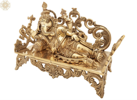 14" Reclining Ganesha Brass Sculpture | Indian Handcrafted Idol