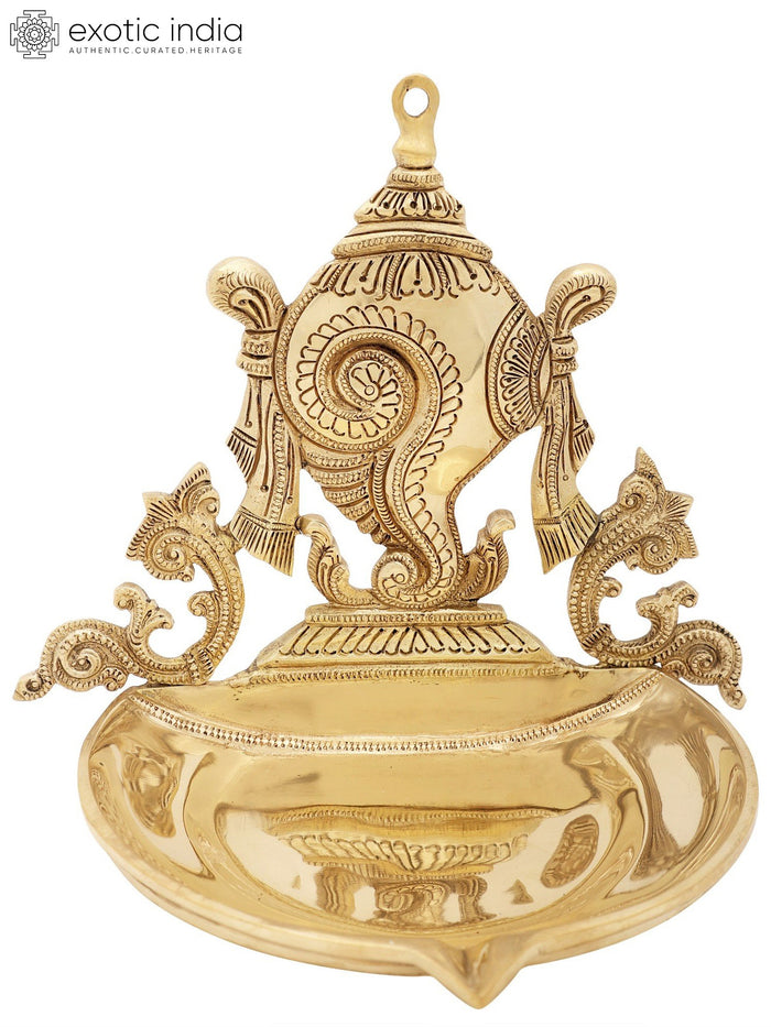 9" Handmade Brass Conch Wick Lamp Vaishnava Symbol