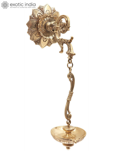14" Superfine Wall Mounted Designer Lamp with Hanging Wick in Brass | Handmade | Made in India
