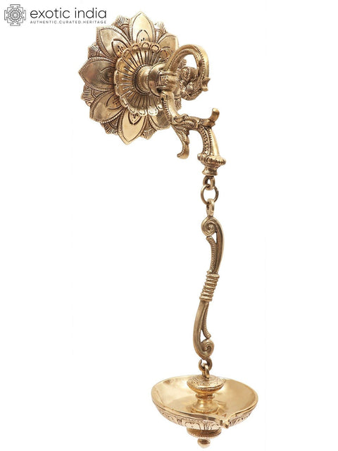 14" Superfine Wall Mounted Designer Lamp with Hanging Wick in Brass | Handmade | Made in India