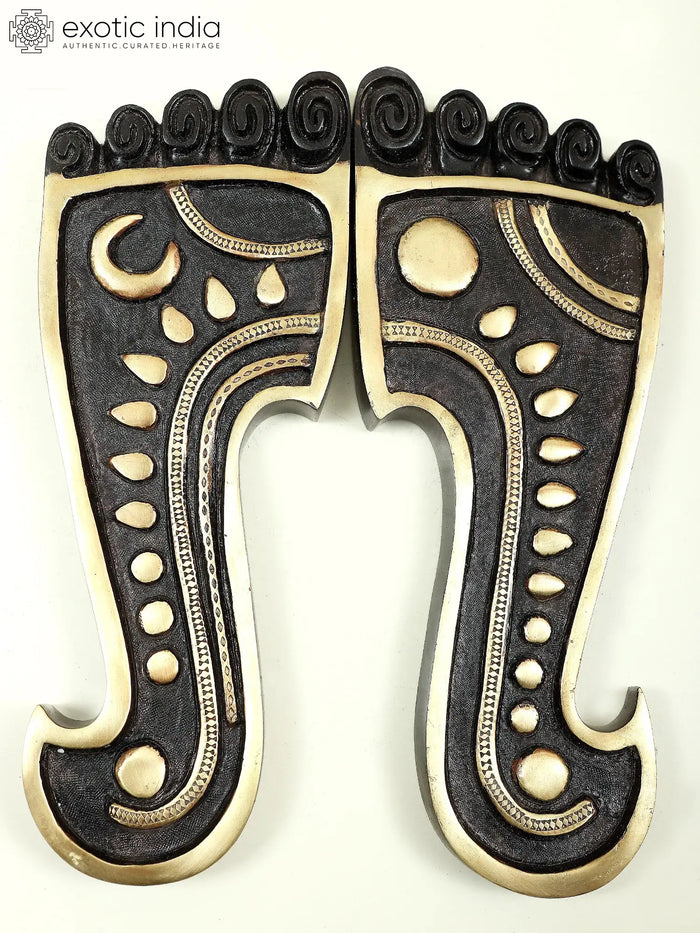 12" Brass Charan Paduka with Sun and Moon Handmade Statue
