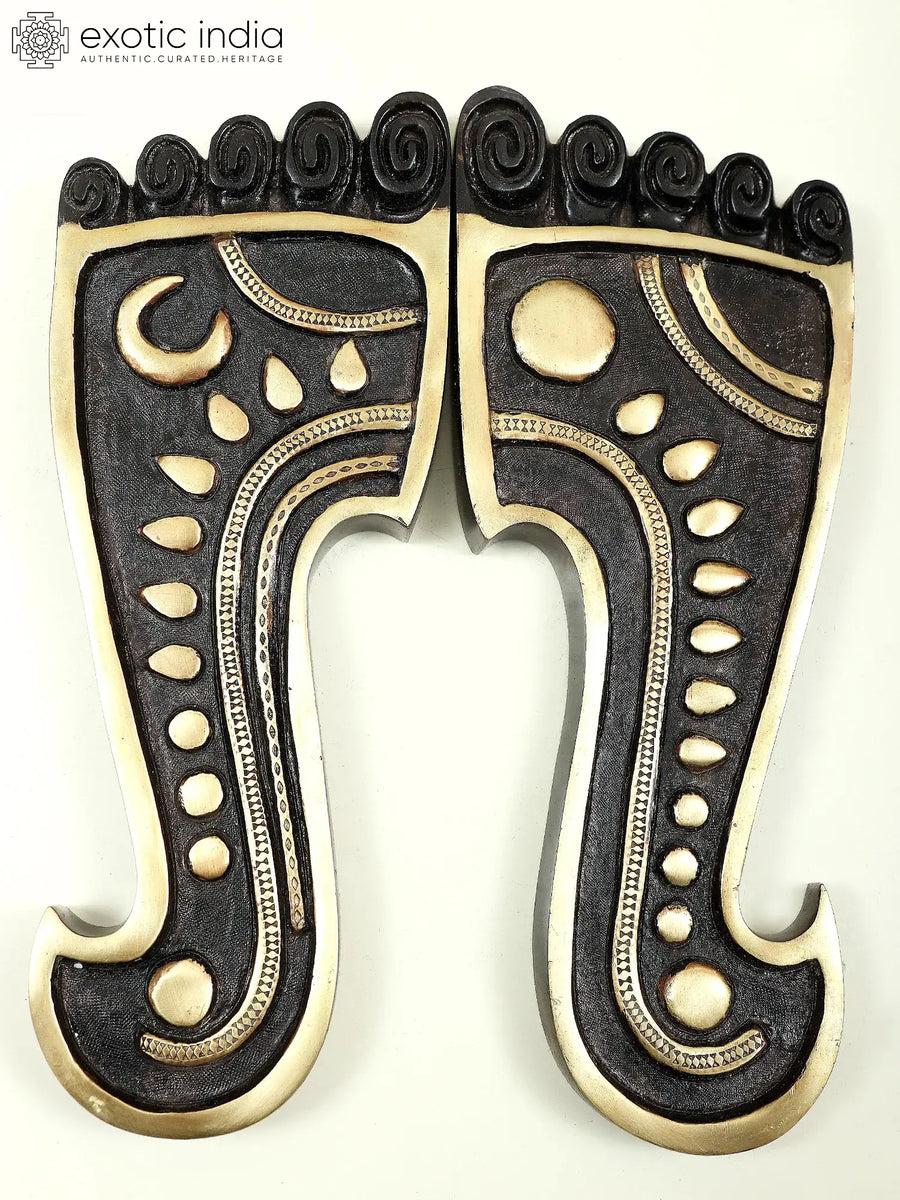 12" Brass Charan Paduka with Sun and Moon Handmade Statue