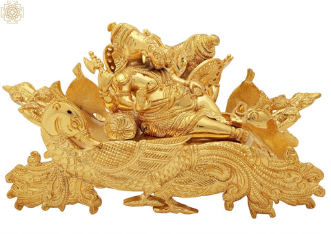 9" Gold Plated Ganesha Idol Relaxing on a Peacock Recliner | Handmade Brass Statue