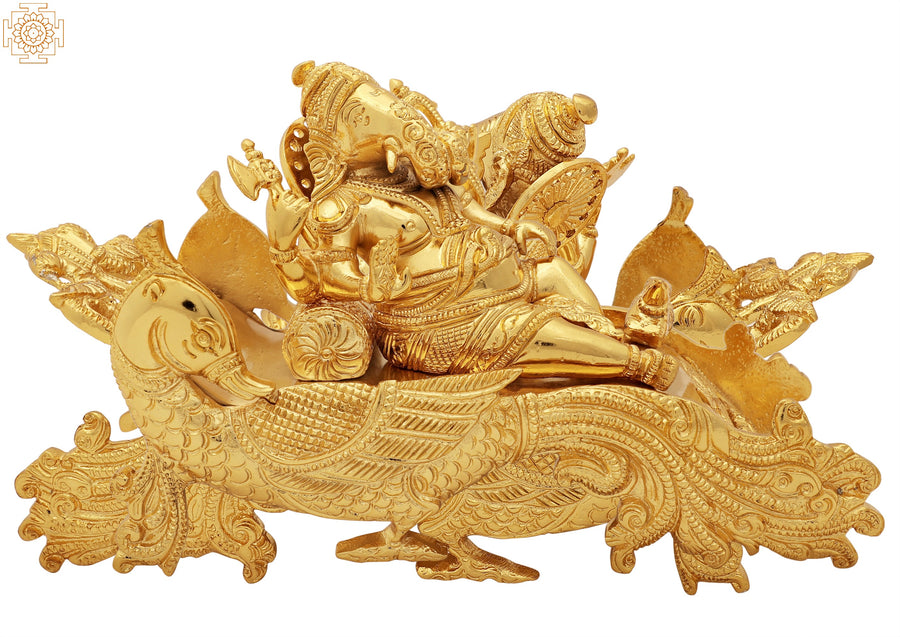 9" Gold Plated Ganesha on Peacock Recliner Handmade Brass Idol