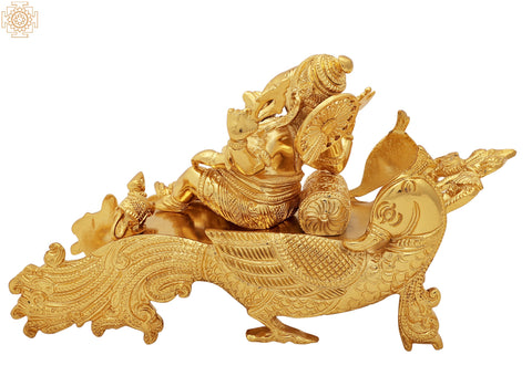 9" Gold Plated Ganesha Idol Relaxing on a Peacock Recliner | Handmade Brass Statue