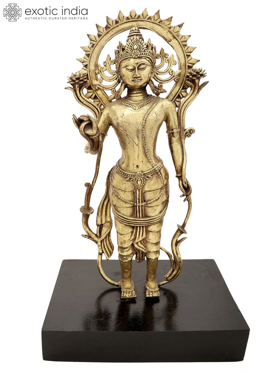 15" Handmade Padmapani Avalokiteshvara Dhokra Brass Statue with Wood