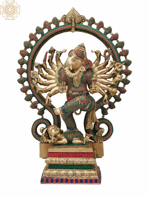 26" Handmade Dancing Ganesha Brass Statue with Kirtimukha Prabhavali