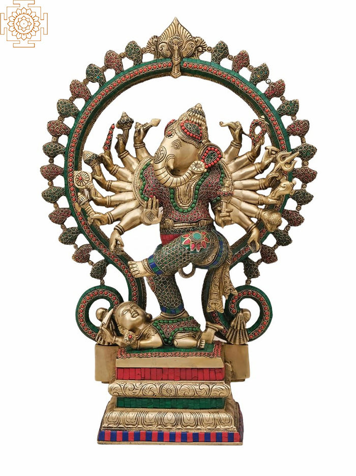 26" Handmade Dancing Ganesha Brass Statue with Kirtimukha Prabhavali