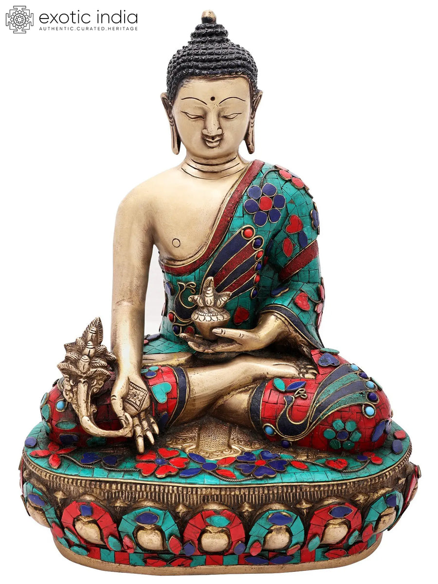 13" Medicine Buddha Brass Statue with Inlay Work Handmade