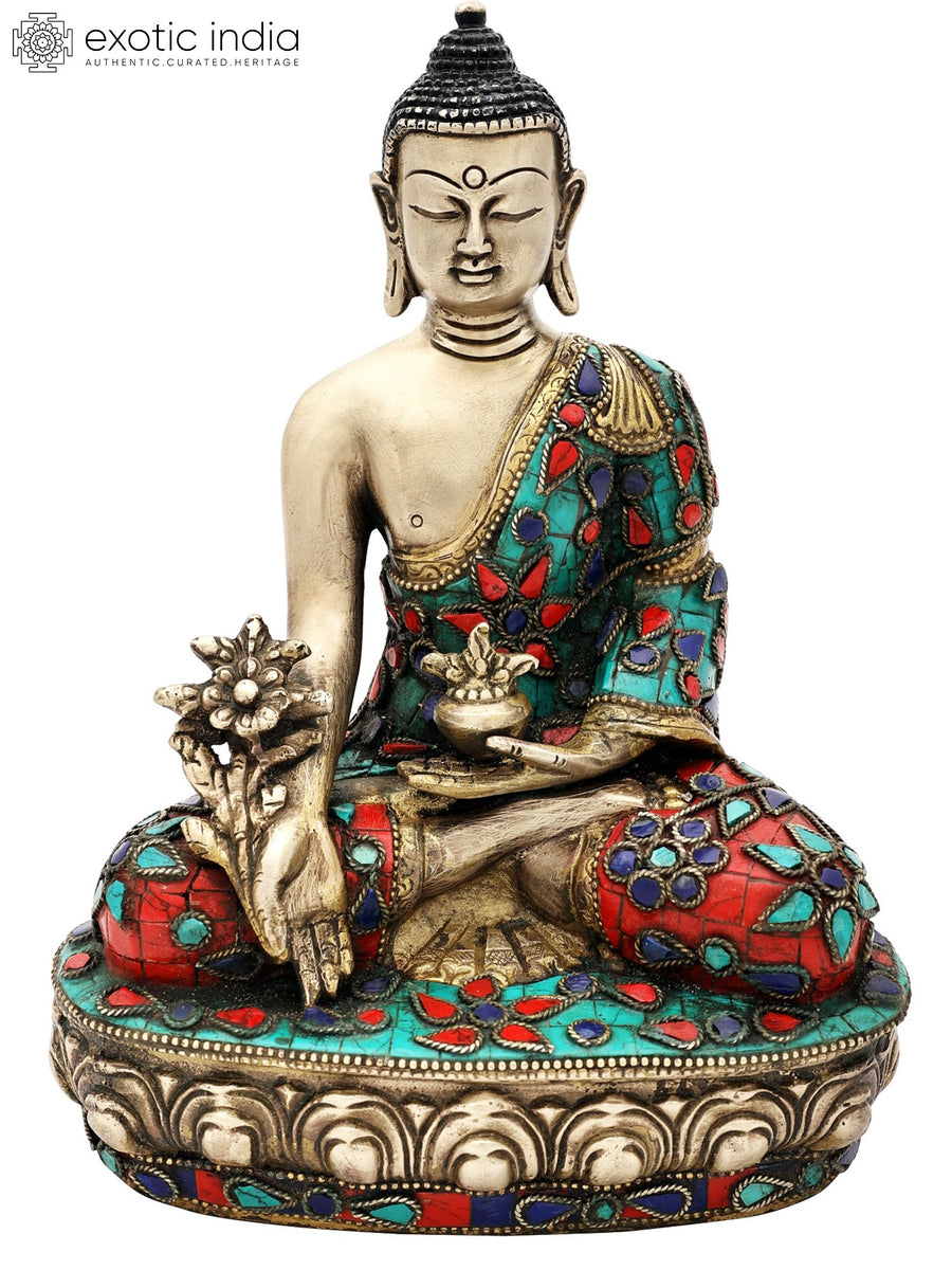 9" Medicine Buddha Brass Statue with Inlay Work for Home Pooja