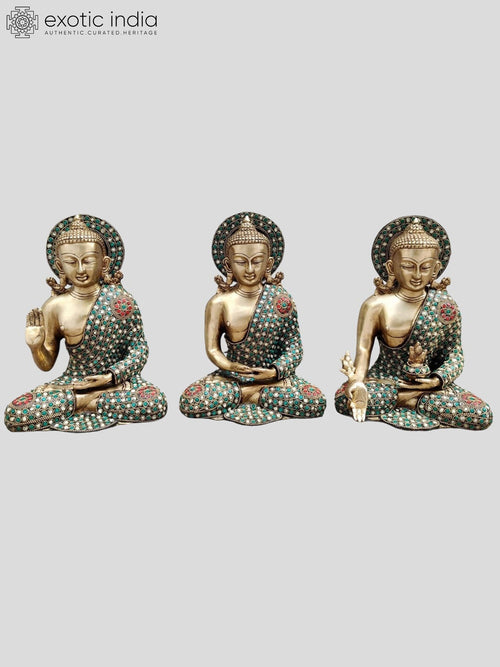 10" Tibetan Buddhist Three Buddhas Brass Statue Set with Inlay Work