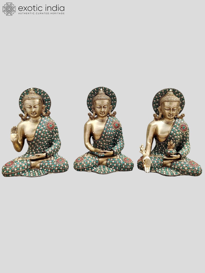 10" Tibetan Buddhist Three Buddhas Brass Statue Set with Inlay Work