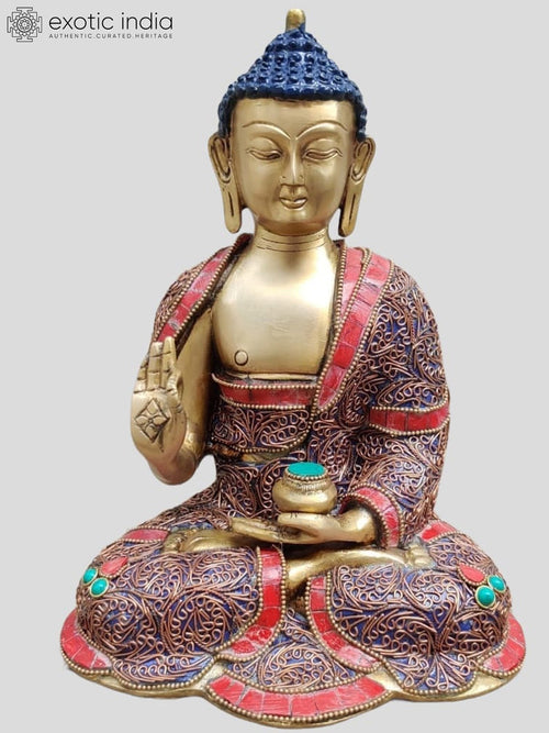 10" Gautam Buddha Preaching Dharma Brass Statue Inlay Work Handmade