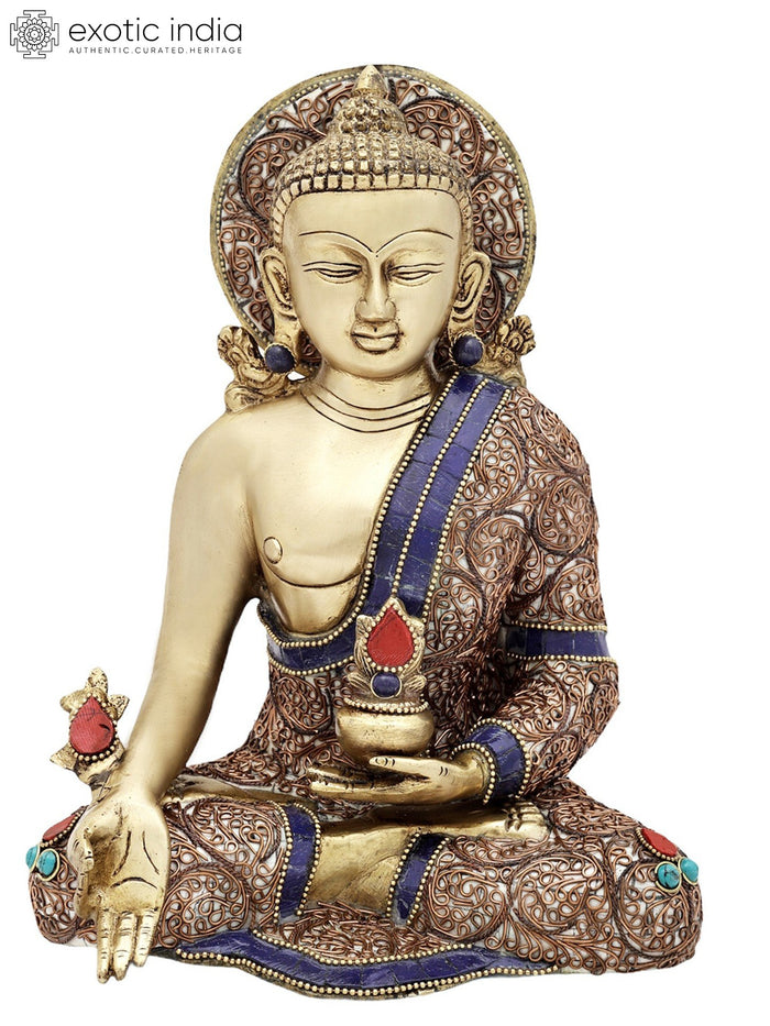 10" Tibetan Medicine Buddha Brass Statue with Inlay Work