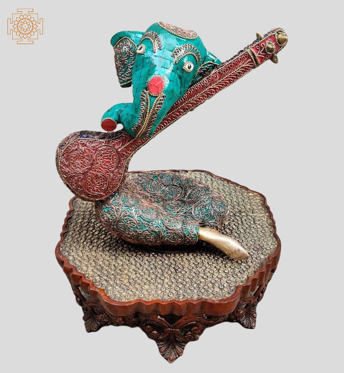 13" Modern Brass Ganesha Face with Veena Statue Handmade