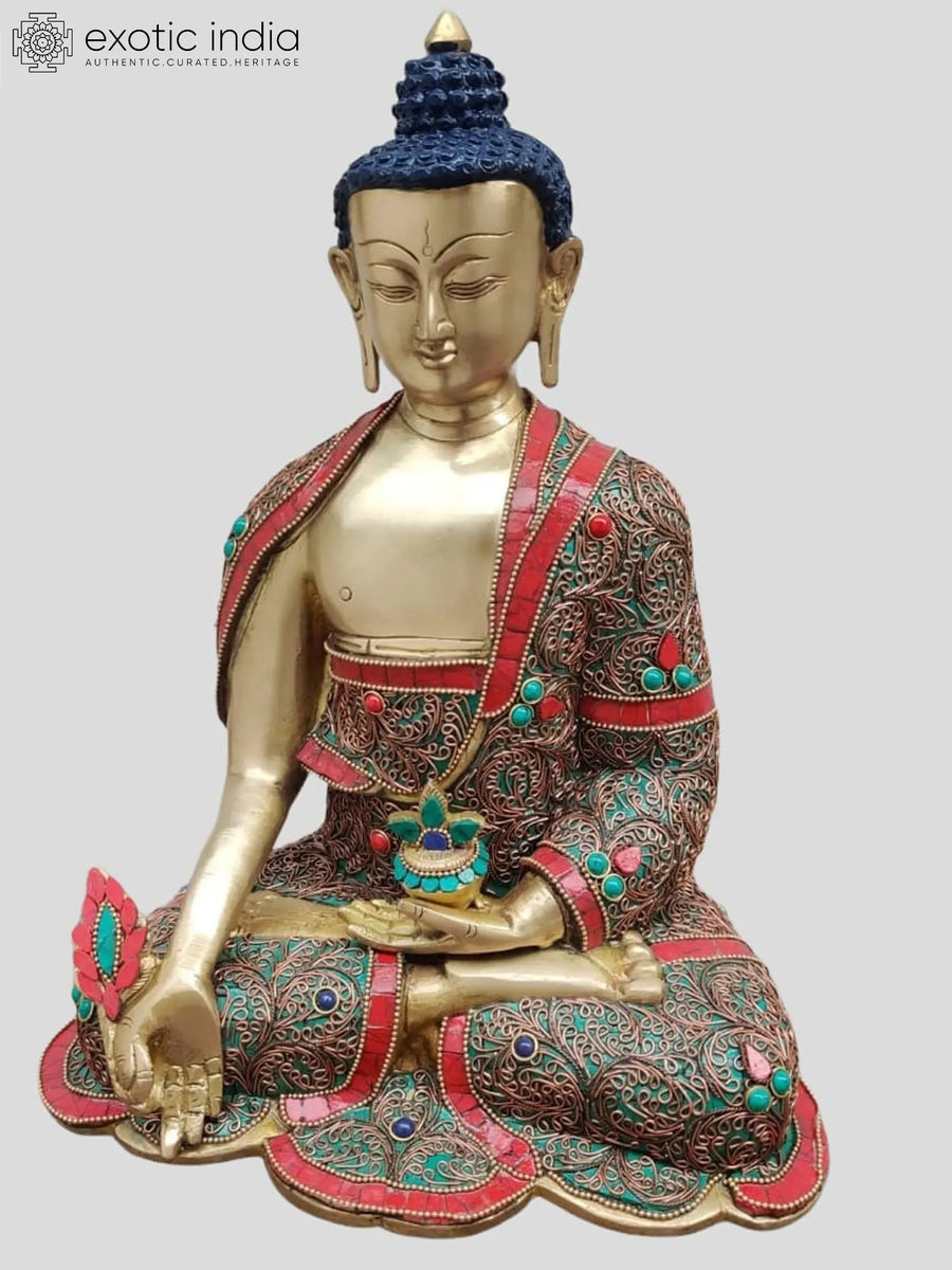 13" Medicine Buddha Handmade Brass Statue with Inlay Work