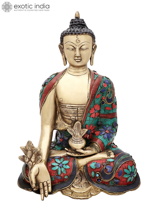 13" Medicine Buddha Brass Statue with Inlay Work Handmade