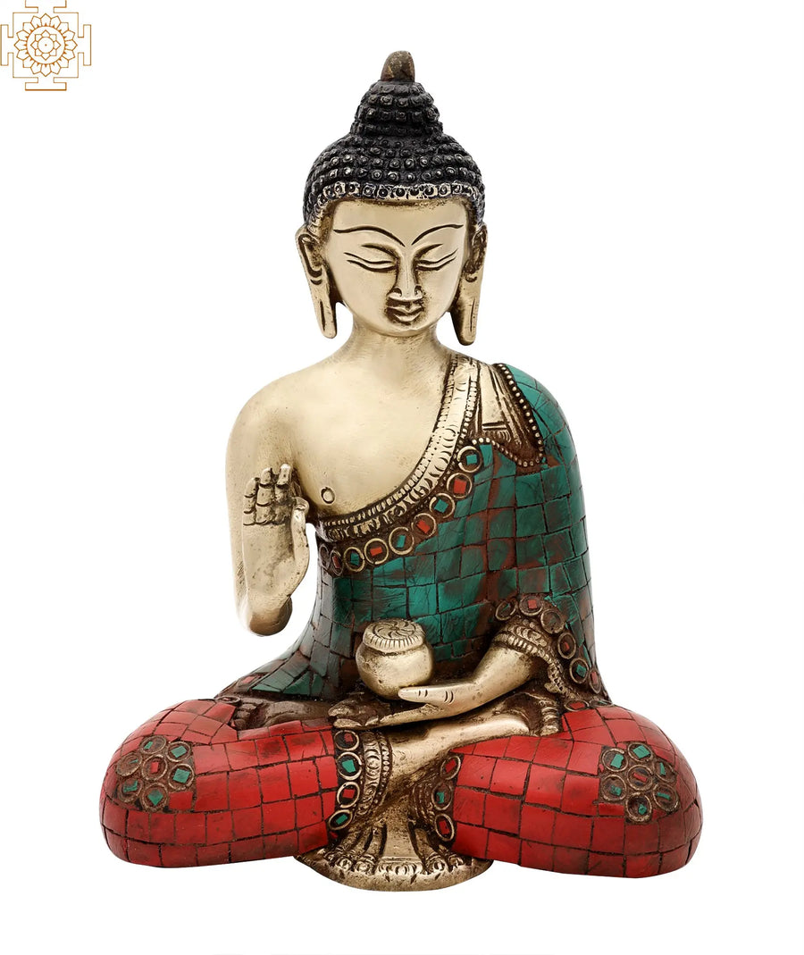 7.5" Gautam Buddha Brass Statue with Inlay Work Handmade