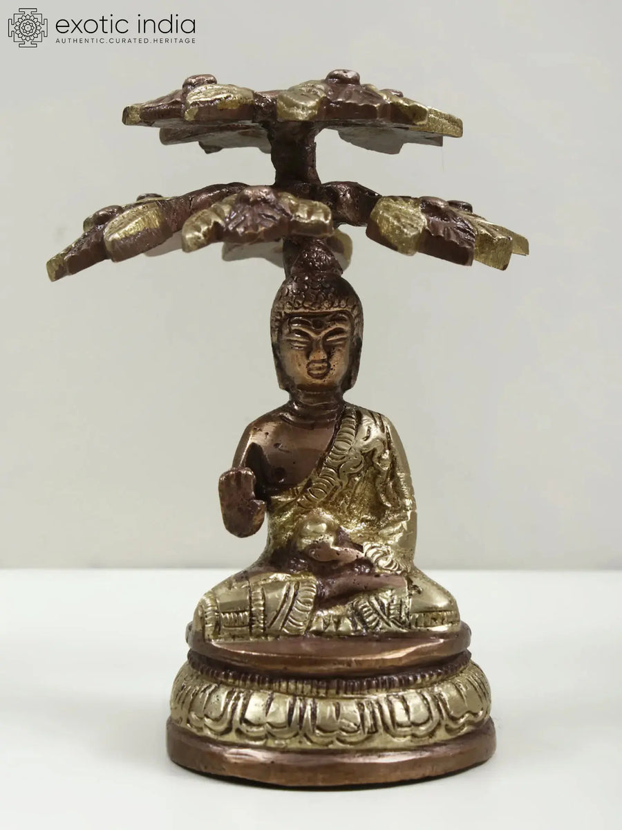 4" Lord Buddha Under Tree Brass Idol for Meditation