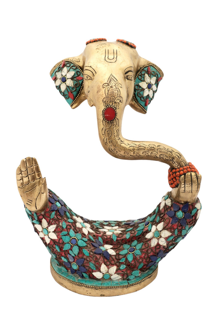 10" Handmade Brass Ganesha Statue With Stone Inlay Work