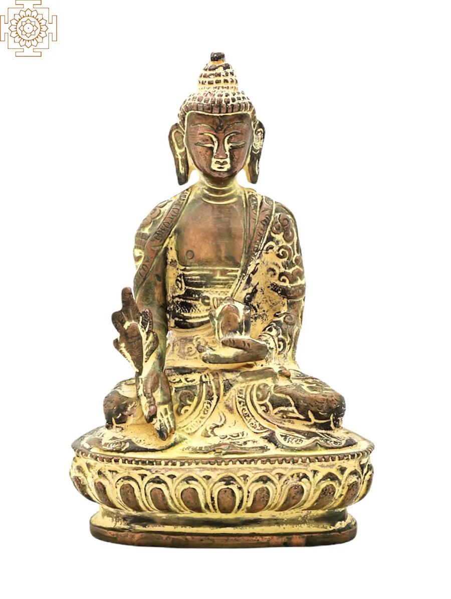 6" Buddha Brass Statue in Mara Vijay Mudra for Pooja