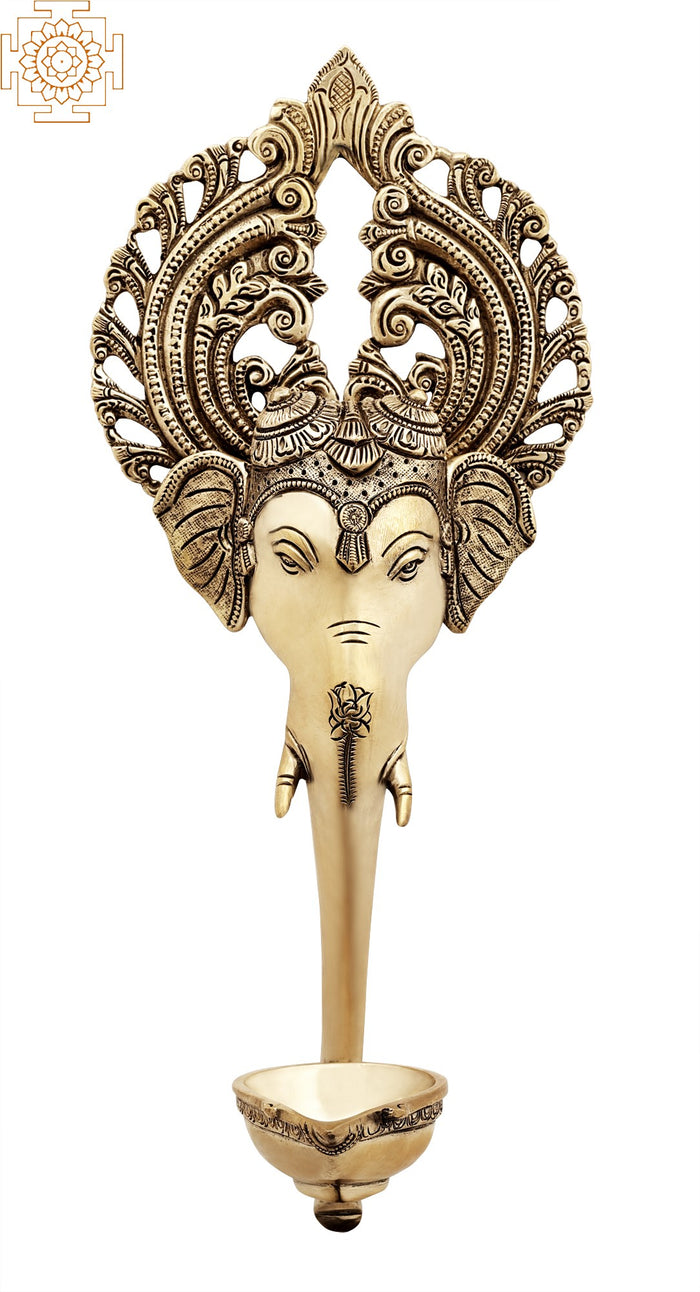 12" Handmade Ganesha Brass Wall Hanging Lamp