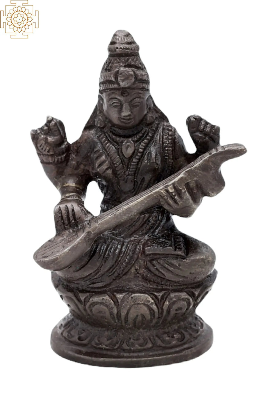 3.2" Handmade Brass Goddess Saraswati Idol for Pooja