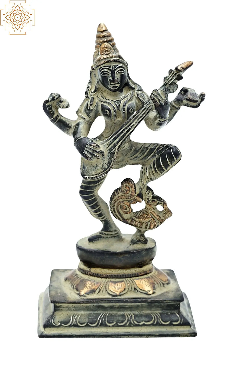 6.5" Brass Devi Saraswati Handmade Idol Playing Veena on Swan