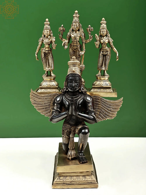 16" Garuda Kneeling with Vishnu Shridevi Bhudevi Brass Statue