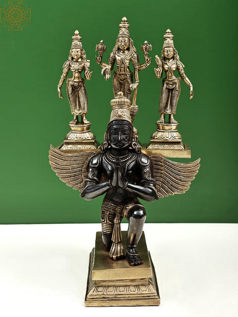 16" Garuda Kneeling with Vishnu Shridevi & Bhudevi | Handcrafted In India