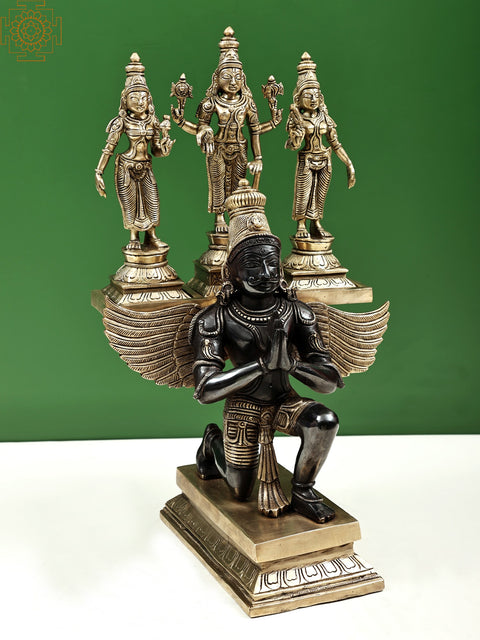 16" Garuda Kneeling with Vishnu Shridevi & Bhudevi | Handcrafted In India