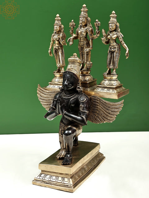 16" Garuda Kneeling with Vishnu Shridevi & Bhudevi | Handcrafted In India