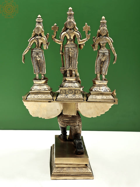 16" Garuda Kneeling with Vishnu Shridevi & Bhudevi | Handcrafted In India