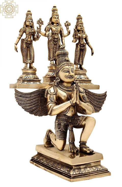 16" Garuda Kneeling with Vishnu Shridevi & Bhudevi | Handcrafted In India