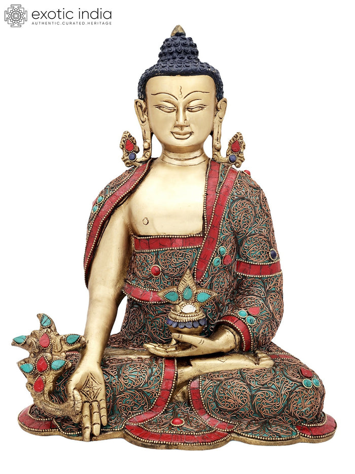 13" Medicine Buddha Brass Statue with Copper Wire Inlay Handmade