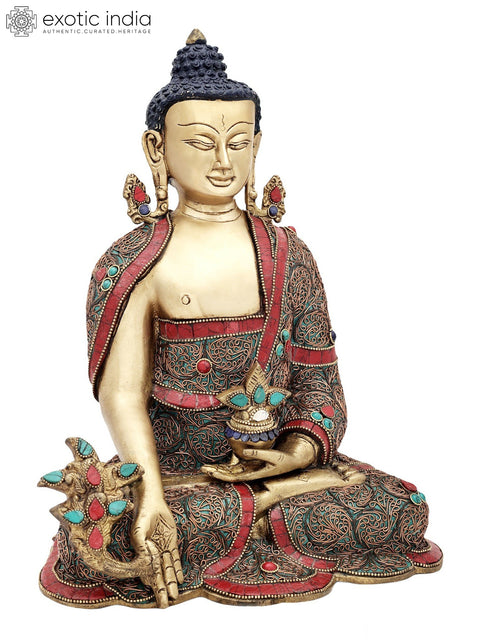 13" Tibetan Buddhist Healing Buddha | Medicine Buddha | Inlay Work with Copper Wire | Brass Statue | Handmade | Made In India