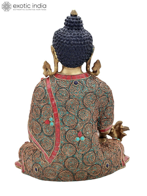 13" Tibetan Buddhist Healing Buddha | Medicine Buddha | Inlay Work with Copper Wire | Brass Statue | Handmade | Made In India