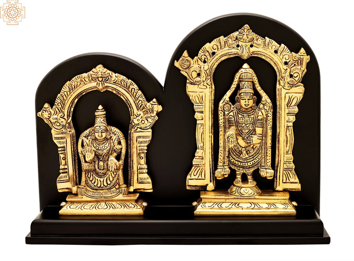 9" Lord Venkateswara with Goddess Lakshmi | Tirupati Balaji Brass Statue with Wood