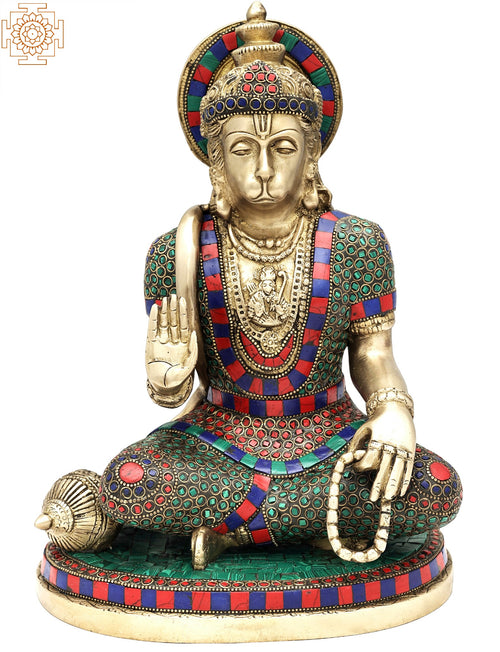 12.5" Lord Hanuman Ji Handmade Brass Statue with Stone Inlay