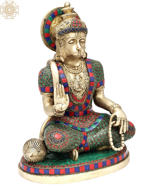 12.5" Lord Hanuman Ji Inlay Brass Statue | Handmade Stone Inlay Idol