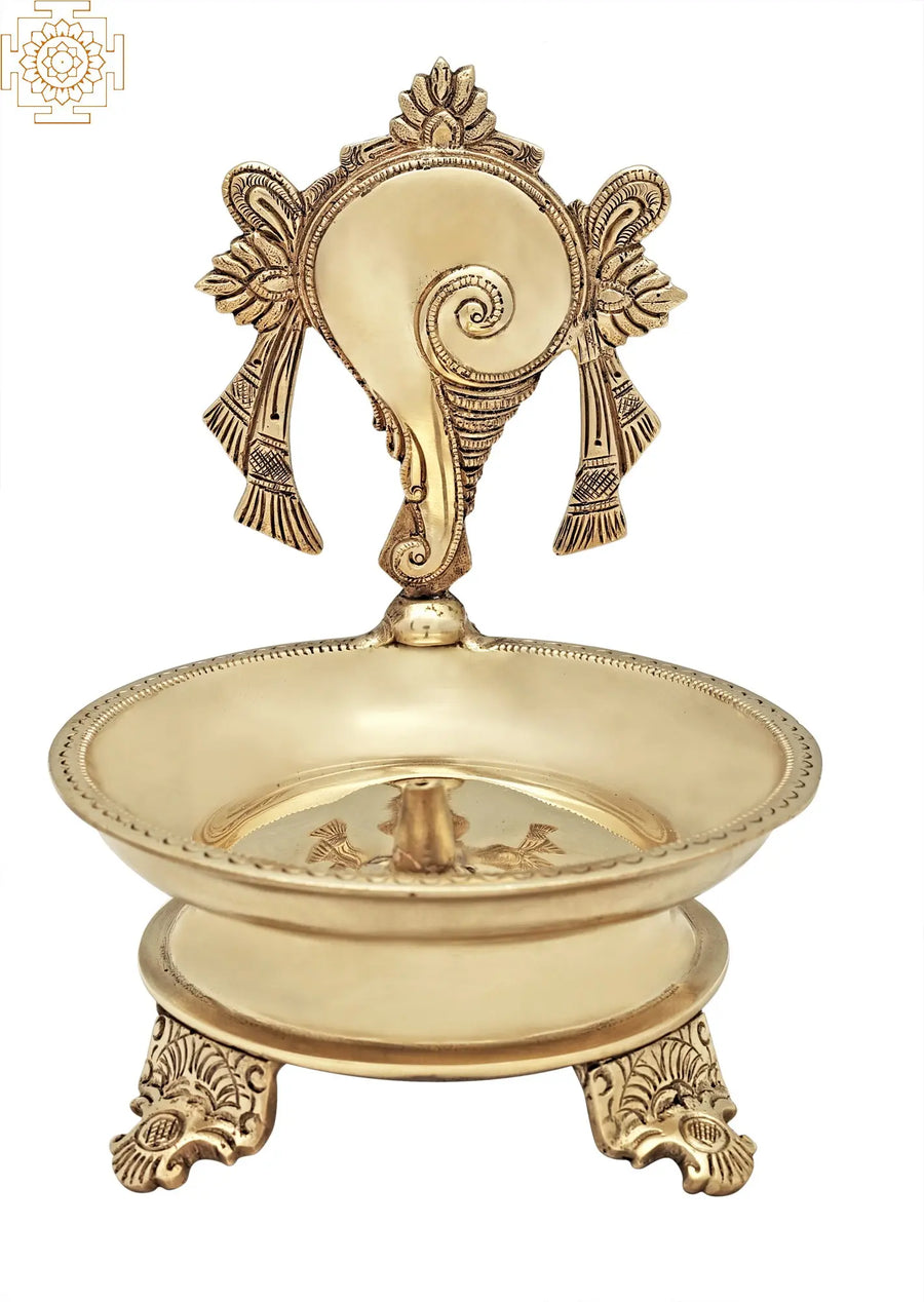 7" Handmade Brass Conch Wick Lamp Vaishnava Symbol