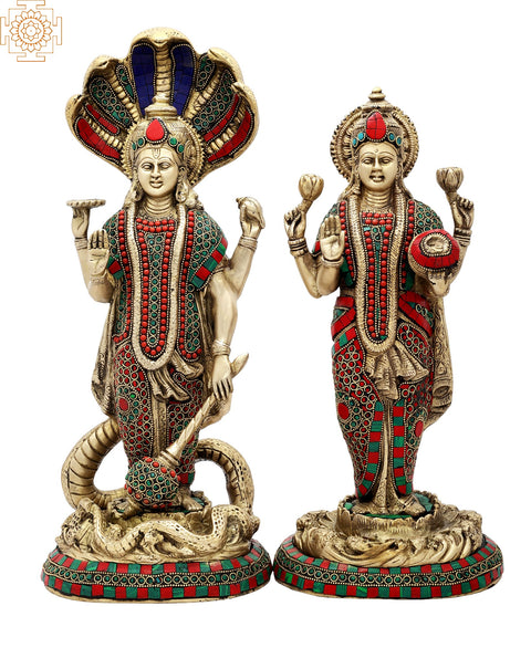 18" Lord Vishnu and Lakshmi Ji Inlay Work Brass Statue | Handmade