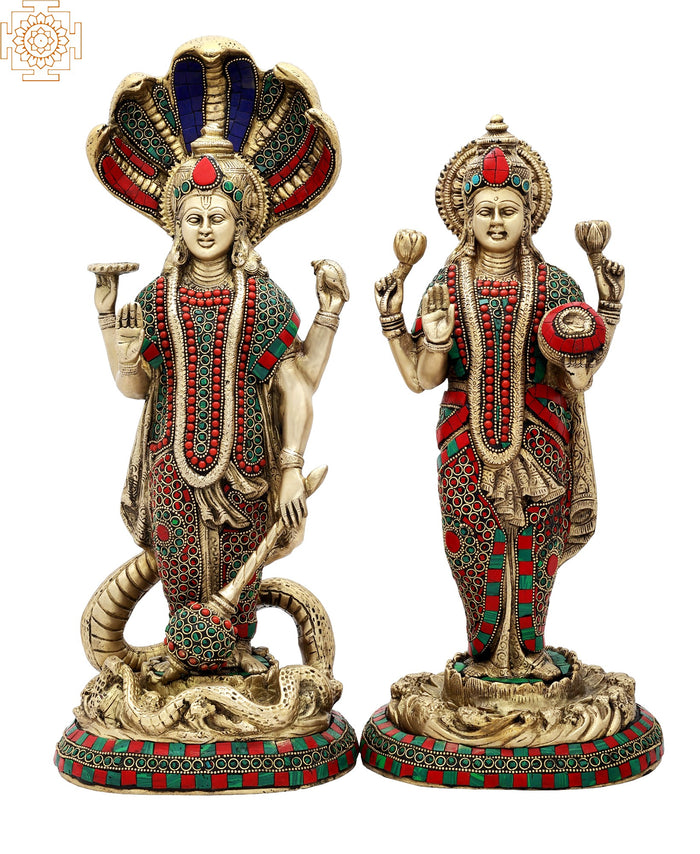 18" Lord Vishnu and Lakshmi Brass Statue with Inlay Work Handmade
