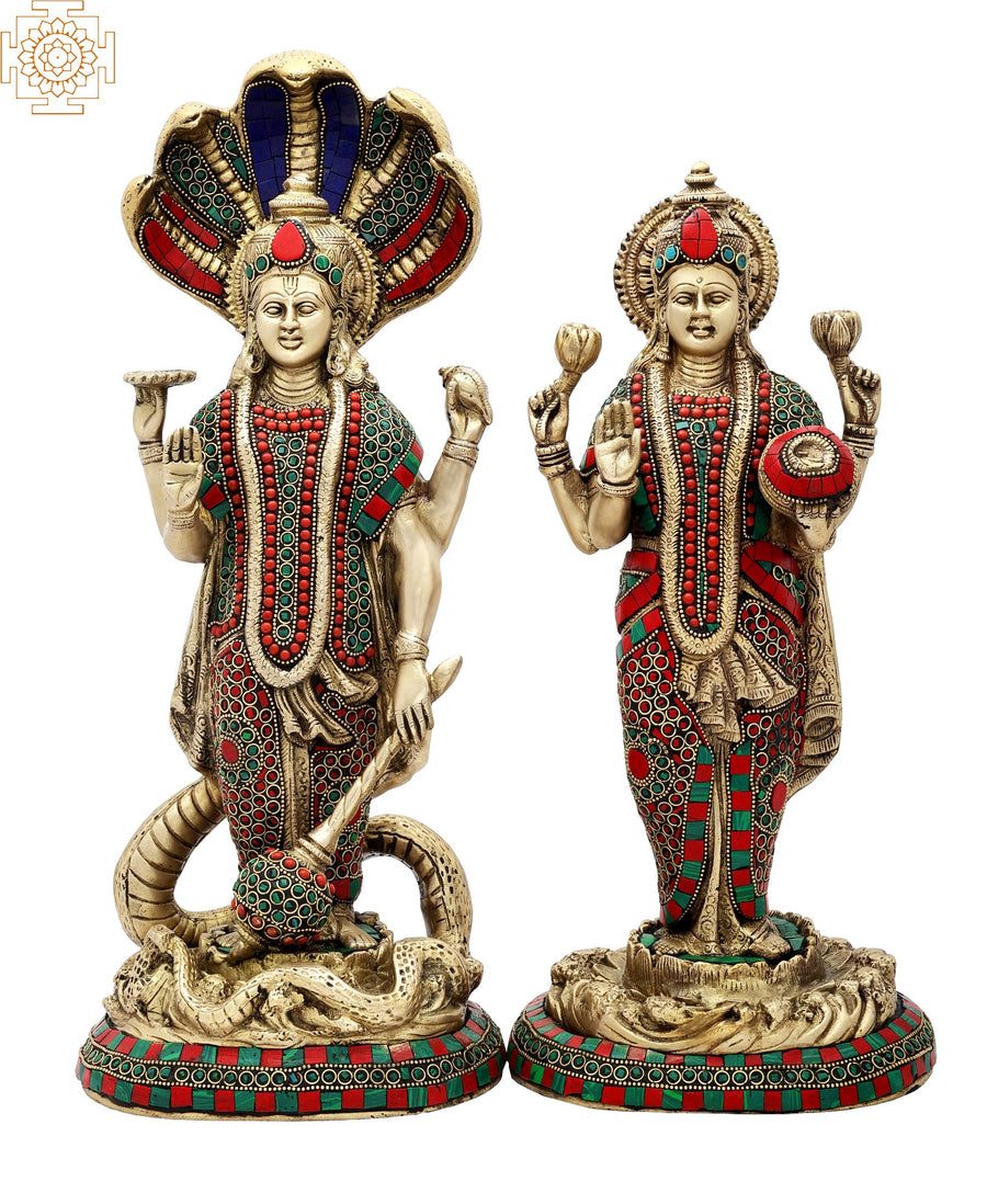 18" Lord Vishnu and Lakshmi Brass Statue with Inlay Work Handmade