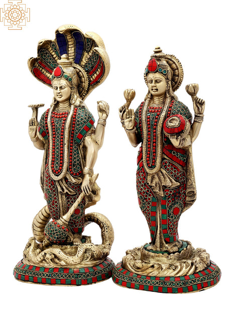 18" Lord Vishnu and Lakshmi Ji Inlay Work Brass Statue | Handmade